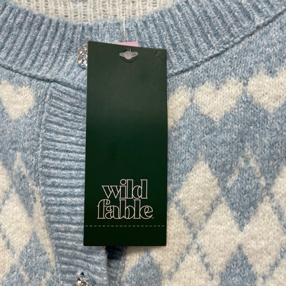 Wild Fable Women's Blue Bunny Argyle Heart Cropped Cardigan Size XL - Picture 6 of 7